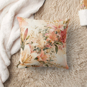 Cojín Decorativo Elegante jardín de lirios de acuarela en rosa y co