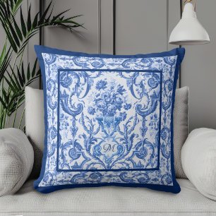 Cojín Decorativo Elegante jarrón florido Azulejos de jouy monograma