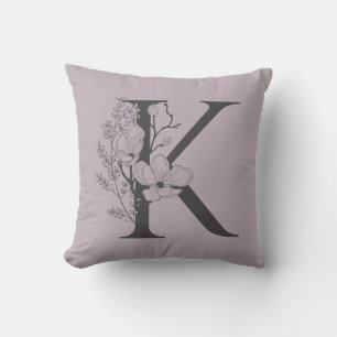 Cojín Decorativo Elegante K Boho Floral Monograma Inicial Lila Gris