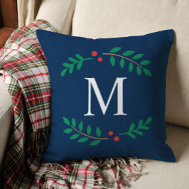 Cojín Decorativo Elegante Laurel Monograma de Navidad Azul Marino