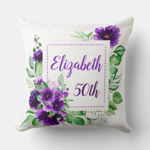 Cojín Decorativo Elegante Lavanda Púrpura Floral 50 Cumpleaños