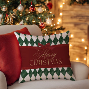 Cojín Decorativo Elegante lazo rojo vintage verde Navidad Feliz