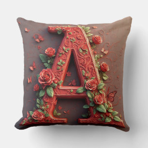 Cojín Decorativo Elegante letra A roja hecha de rosas y vides