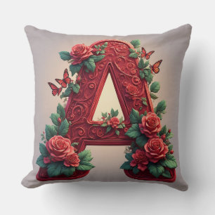 Cojín Decorativo Elegante letra A roja hecha de rosas y vides