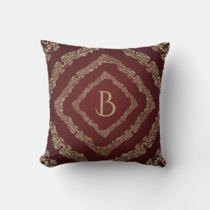 Cojín Decorativo Elegante letra B monograma de borgoña y oro