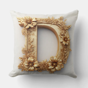 Cojín Decorativo Elegante letra D dorada con flores delicadas