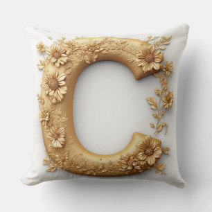 Cojín Decorativo Elegante letra dorada C con flores delicadas