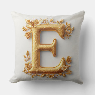 Cojín Decorativo Elegante letra E dorada con flores delicadas