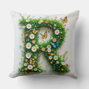 Cojín Decorativo Elegante letra R formada con flores coloridas