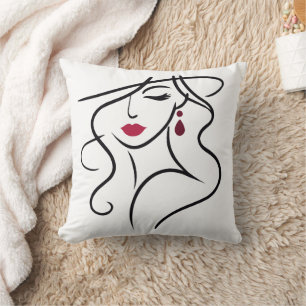 Cojín Decorativo Elegante línea de arte de mujeres con labios rojos