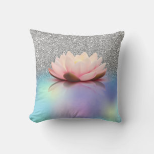 Cojín Decorativo Elegante Lotus Plata Brillo Bokeh Holográfico
