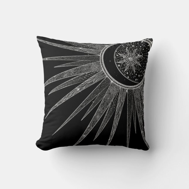 Cojín Decorativo Elegante luna de sol plateado Mandala Diseño negro (Anverso)