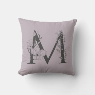 Cojín Decorativo Elegante M Boho Floral Monograma Inicial Lila Gris