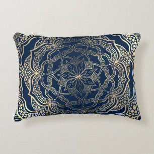 Cojín Decorativo Elegante Mandala Art Boho Dorado de lujo y azul ma