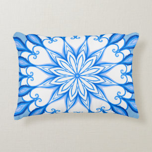 Cojín Decorativo Elegante Mandala Boho Blanco Y Azul Mediterráneo