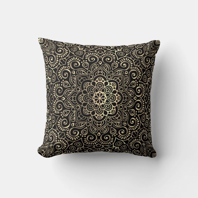 Cojín Decorativo Elegante Mandala de oro negro (Anverso)