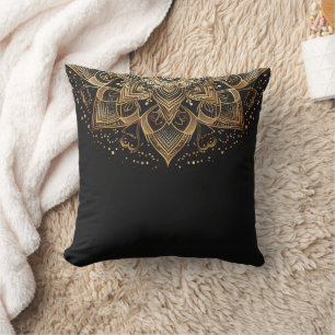 Cojín Decorativo Elegante Mandala de Oro sobre Negro