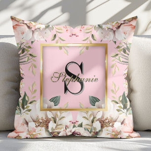 Cojín Decorativo Elegante Marco dorado floral Monograma Rubor Rosa
