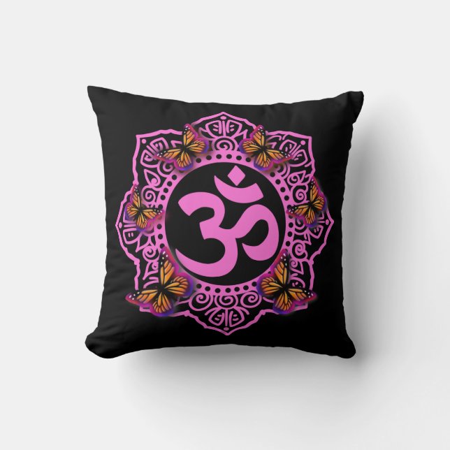 Cojín Decorativo Elegante mariposas rosadas ohm mandala púrpura (Anverso)