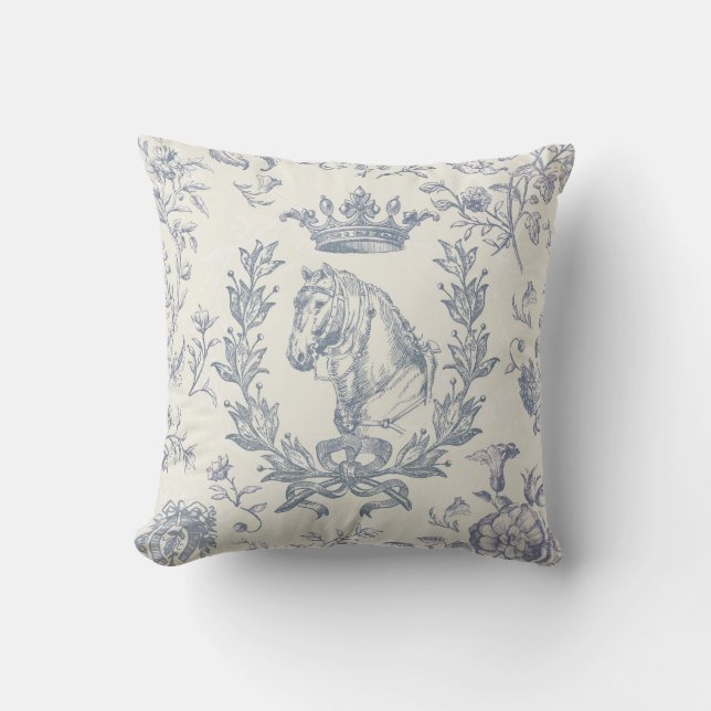 Cojín Decorativo Elegante Moda Dusty Blue Equestrian Floral Toile (Anverso)