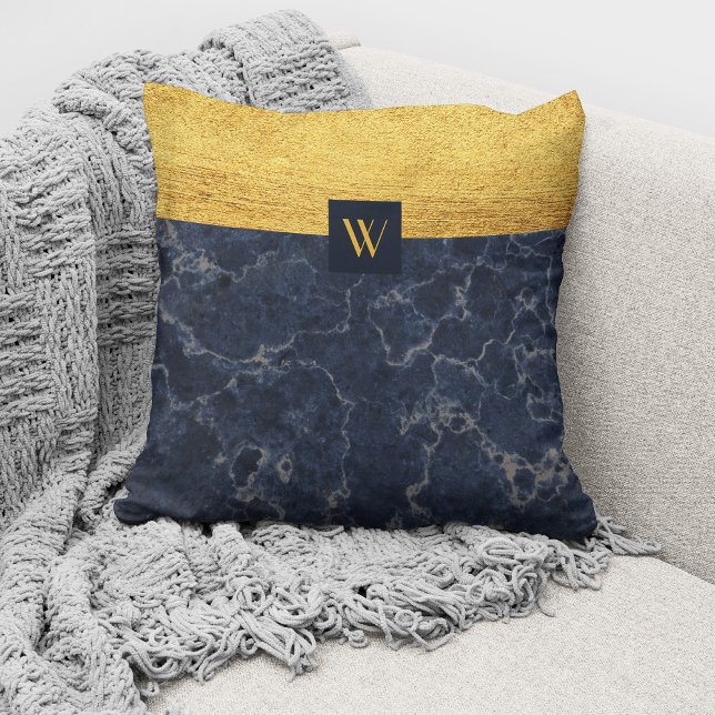 Cojín Decorativo Elegante Monograma Azul Mármol (Subido por el creador)