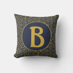 Cojín Decorativo Elegante Monograma azul y oro de filigrí