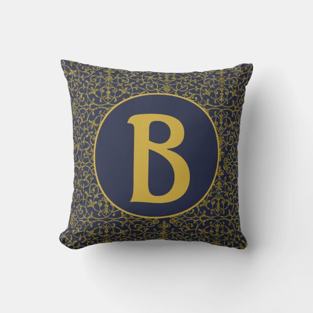 Cojín Decorativo Elegante Monograma azul y oro de filigrí (Anverso)