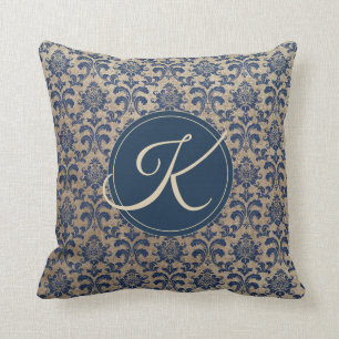 Cojín Decorativo Elegante Monograma Beige y Azul Damask
