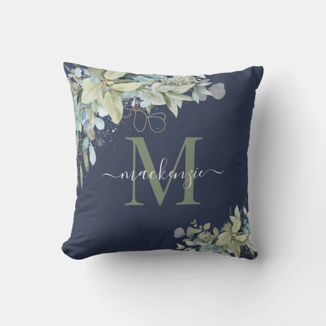 Cojín Decorativo Elegante Monograma Botánico de la Marina Azul Euca (Anverso)