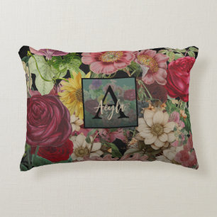 Cojín Decorativo Elegante Monograma Botánico Floral Vintage Negro