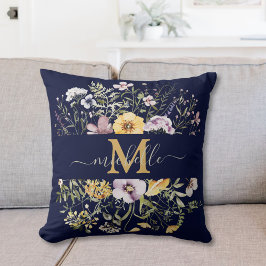 Cojín Decorativo Elegante Monograma Colorido de Flor Silvestre Jard