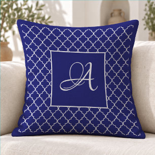 Cojín Decorativo Elegante Monograma Damask Marroquí Azul Marino