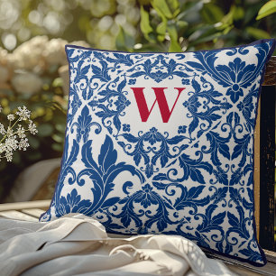Cojín Decorativo Elegante Monograma de Damasco Azul Marino Vintage