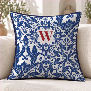 Cojín Decorativo Elegante Monograma de Damasco Azul Marino Vintage