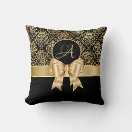 Cojín Decorativo Elegante Monograma De Damasco De Oro En Negro