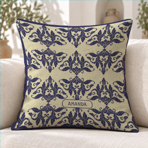 Cojín Decorativo Elegante Monograma de Damasco Vintage Azul Marino