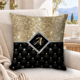 Cojín Decorativo Elegante monograma de diamante negro con cristal f