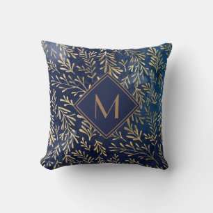 Cojín Decorativo Elegante Monograma de Hojas de Acuarela Azul Marin