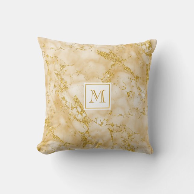 Cojín Decorativo Elegante Monograma de Mármol Dorado Faux Gold Purp (Anverso)
