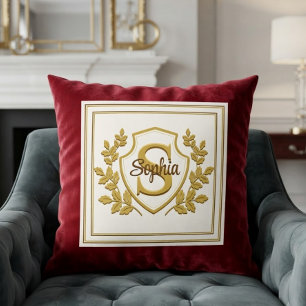 Cojín Decorativo Elegante Monograma de Nombre con Escudo Real Rojo