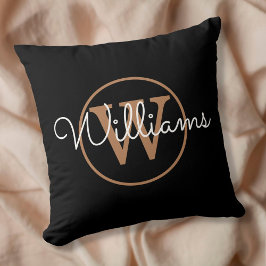 Cojín Decorativo Elegante Monograma de Nombre en Negro y Dorado