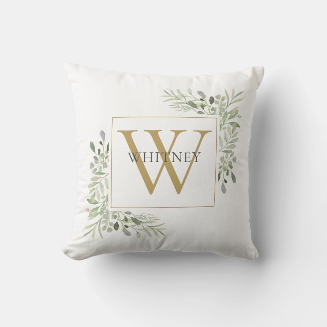 Cojín Decorativo Elegante Monograma de Oro Foliage (Anverso)
