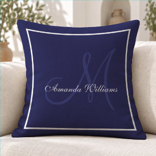 Cojín Decorativo Elegante Monograma Familiar Clásico en Azul Marino