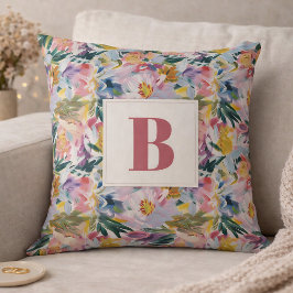Cojín Decorativo Elegante Monograma Floral Abstracto Rosa Pastel