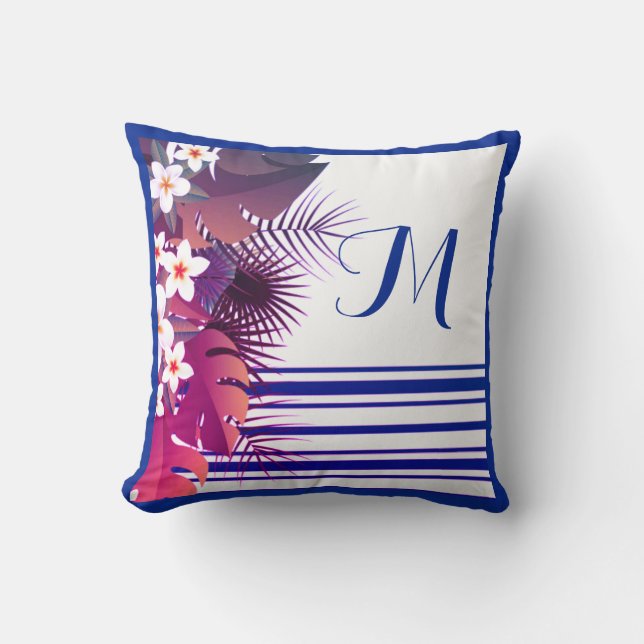 Cojín Decorativo Elegante Monograma Floral Azul Púrpura Tropical (Anverso)