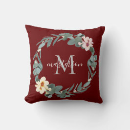 Cojín Decorativo Elegante Monograma Floral Borgoña Eucalipto