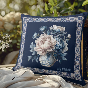 Cojín Decorativo Elegante Monograma Floral Chinoiserie Azul