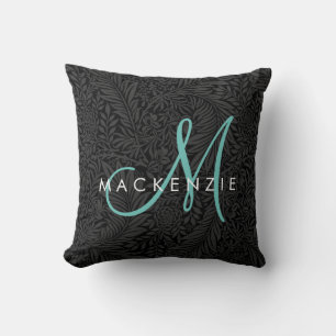 Cojín Decorativo Elegante Monograma Floral Negro Script Teal