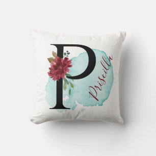 Cojín Decorativo Elegante Monograma Floral P Nombre Personalizado