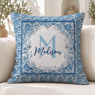 Cojín Decorativo Elegante Monograma Floral Vintage Azul Acuático